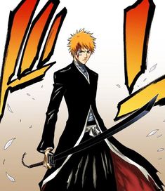 an anime character holding two swords in one hand and wearing a black suit with orange accents