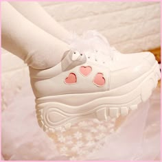 Harajuku Lolita Heart Lace Platform Shoes Sepatu Platform, Heart Platforms, Dr Shoes, Kawaii Shoes, Lace Heels, Kawaii Fashion Outfits, Princess Shoes, Cute Princess, Aesthetic Shoes