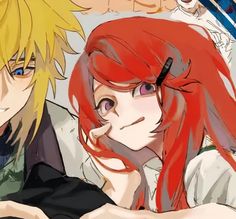 two anime characters one with red hair and the other blonde, are looking at something