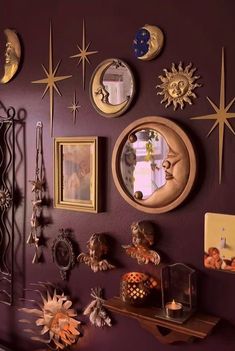 a purple wall with many different items on it