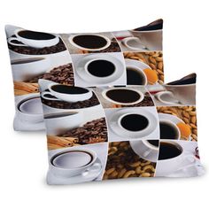 coffee mugs and beans printed on two square pillows