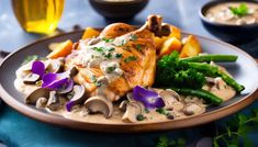 a plate topped with chicken, mushrooms and broccoli covered in gravy