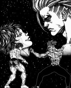 a drawing of two people facing each other with space in the background and stars above them