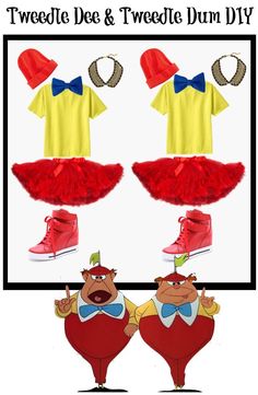 the three little pigs are dressed up in red and yellow outfits with matching hats, shoes, and bows