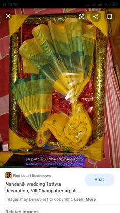 an image of some yellow and green ribbons in a box with gold foil on it