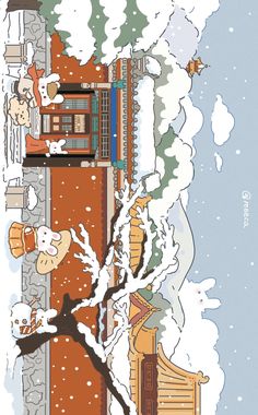 an illustrated drawing of a house in the snow