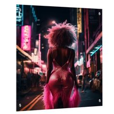 a woman with pink hair standing in the middle of a city at night wearing a dress