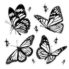 three black and white butterflies flying in the sky with stars around them on a white background