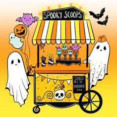 spooky scoops halloween candy cart with ghostes and pumpkins on it