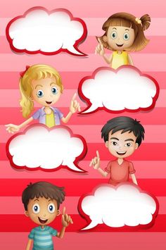 three kids with speech bubbles on a pink background