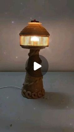 a lamp that is sitting on top of a white surface with the light turned on