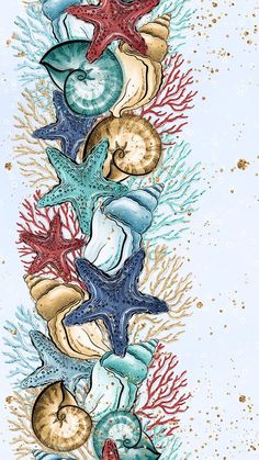 a painting of starfishs, seashells and corals