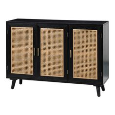 a black cabinet with wicker doors and handles