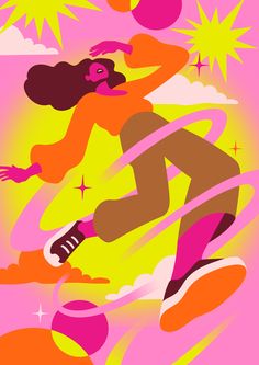 an illustration of a woman playing basketball on a pink and yellow background with sunbursts