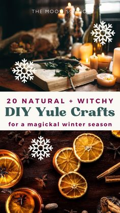 oranges and candles with the words, 20 natural witch diy yule crafts for a