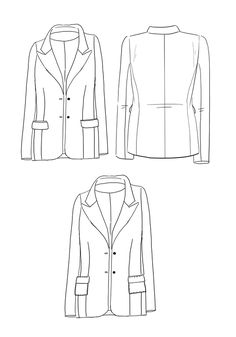 three different types of jackets, one in white and the other in black with buttons