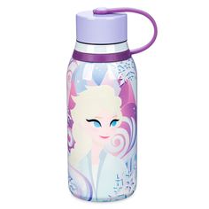 a purple and white water bottle with an image of a frozen princess on the front