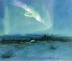 an oil painting of the northern lights over a snowy landscape