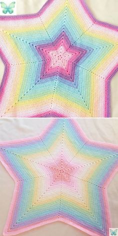 crocheted stars are shown in two different colors