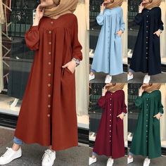 ZANZEA Vintage Long Dress Shirt Women Spring Long Sleeve Leisure Dress, Muslim Dresses, Pocket Maxi Dress, Button Shirt Dress, Open Abaya, Button Down Shirt Dress, Maxi Shirts, Long Sleeve Casual Dress