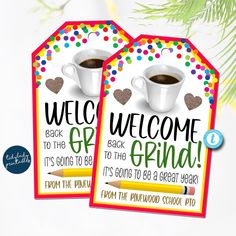 two welcome back to the school cards with coffee