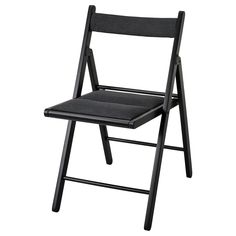 a black folding chair on a white background with the seat folded back to allow extra seating