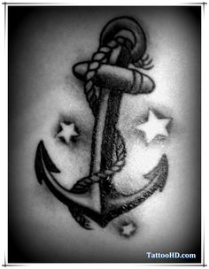 an anchor and stars tattoo on the back of a woman's stomach with black ink