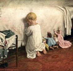 two children sitting on the floor in front of a bed with white sheets and blankets