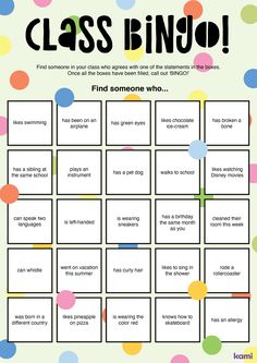 a printable class bingo game with polka dot dots on the background and text that reads,