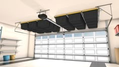 Garage Storage Bins Ceiling, Overhead Garage Bin Storage, Garage Storage Overhead, 1 Car Garage Storage Ideas, Tall Garage Storage Ideas, Two Car Garage Organization, Garage Bin Storage, Ceiling Storage Garage, Hanging Garage Storage