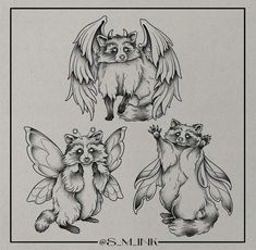 four different types of animals with wings on their back and chest, all in black ink