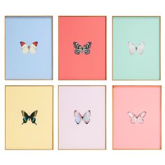 four square paintings with butterflies on them in different colors and sizes, one is pink, the other is blue