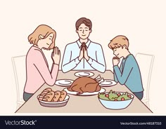 three people sitting at a table with a turkey in front of them and the man is praying