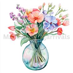 a watercolor painting of flowers in a vase