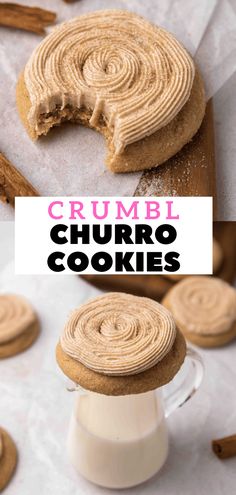 some cookies that have been cut in half and stacked on top of each other with the words crumbl churro cookies