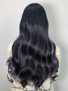 Hair Dye Ideas For Dark Brown Hair Highlights, Dark Violet Highlights On Black Hair, Long Black Hair With Peekaboo Highlights, Black Hair With Pastel Highlights, Violet Highlights On Black Hair, Highlight Purple Hair, Black Hair Lavender Highlights, Hair Dye Inspo Black Hair, Black Hair With Lilac Highlights