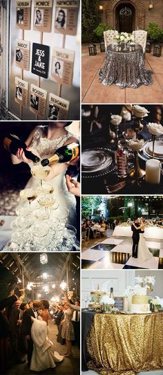 wedding pictures with gold and white decor at the reception table, champagne being poured from bottles