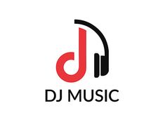 dj music logo with headphones on the side and red letters in black, white and grey colors