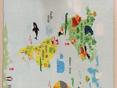 an illustrated map of the world with animals and plants on it's sides,