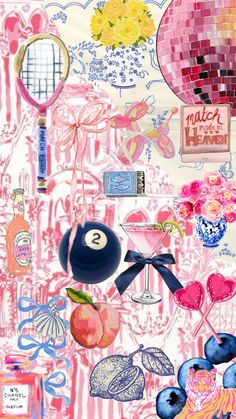 a collage of pink and blue items on a white background, including a pool ball