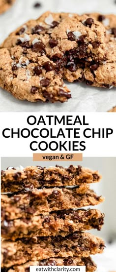 oatmeal chocolate chip cookies are stacked on top of each other