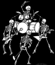 three skeleton skeletons playing drums and singing on the drum kit, while another skeleton stands behind them