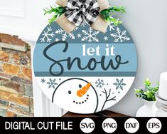 a sign that says let it snow with a snowman on it and the words, digital cut file svg dxf eps files