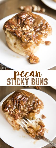 pecan sticky buns on a white plate with a fork and spoon in it