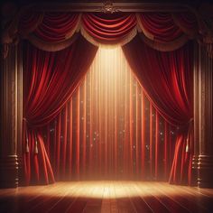 an empty stage with red curtains and light coming from the top, in front of a wooden floor