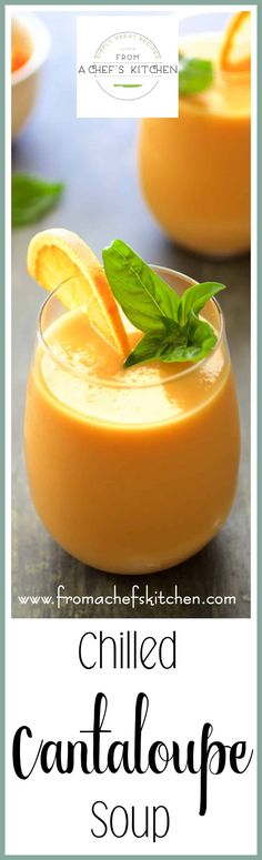 chilled cantaloupe soup with fresh basil garnishes in small glasses