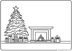 Free printable Christmas themed coloring pages for kids. This picture contains a Christmas tree sitting by a cozy fireplace. Perfect for the holiday season. Christmas Coloring Pages For Kids, Christmas Tree And Fireplace