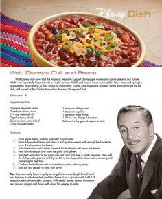 the recipe for walt's chili and beans is shown in this advertise