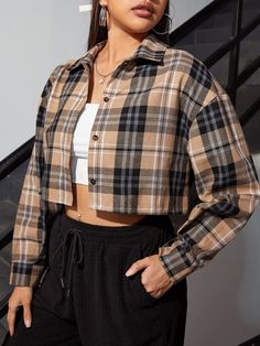 Multicolor Casual Collar Long Sleeve Cotton Plaid Shirt Embellished Non-Stretch Spring/Fall Women Tops, Blouses & Tee Checkered Shirt Outfit, Crop Shirts For Women, Plaid Shirt Outfits, Loose Crop Top, Drop Shoulder Tee, Checkered Shirt, Crop Top Outfits, Plaid Tops, Crop Blouse