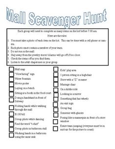 the mail scavenger hunt is shown in blue and white with check boxes on it